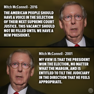 The Majority Leader, Mitch McConnell is the person spearheading the "We will not consider this," thing. What's interesting is when his own words in the past come back to bite him. Here is Mitch vs. Mitch. 